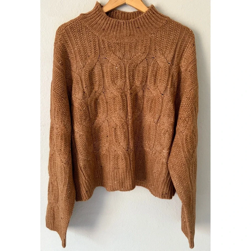 NWT ana Womens Cable Knit Funnel Neck Sweater XXL Brown Pullover Cozy Chunky